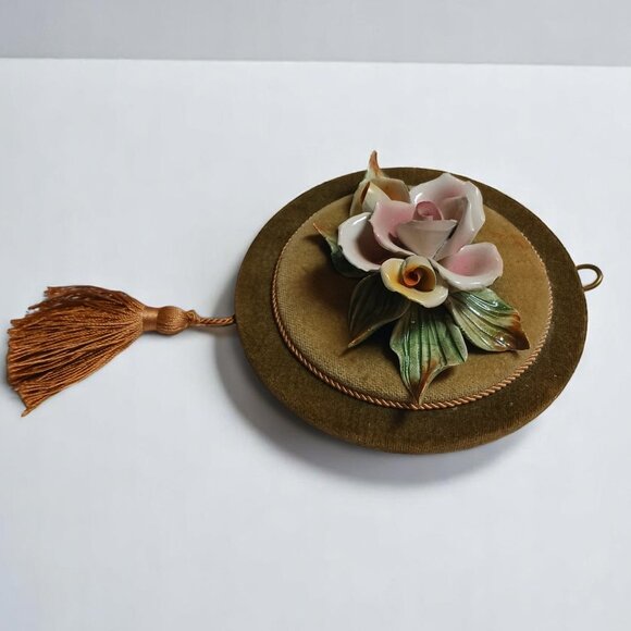 Vintage Capodimonte Style Porcelain Flower Wall Art with Gold Velvet and Tassel - Picture 5 of 13